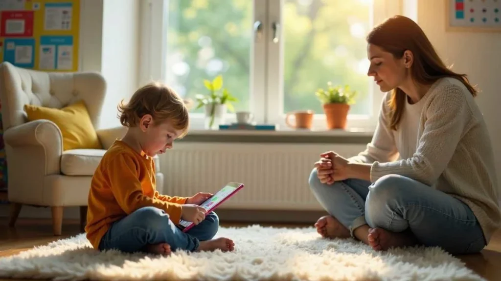 Українська дитина тримає перший планшет під наглядом матері вдома