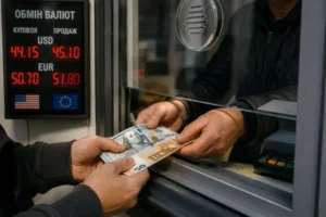 Курсы доллара и евро на табло обменного пункта с флагами США и ЕС