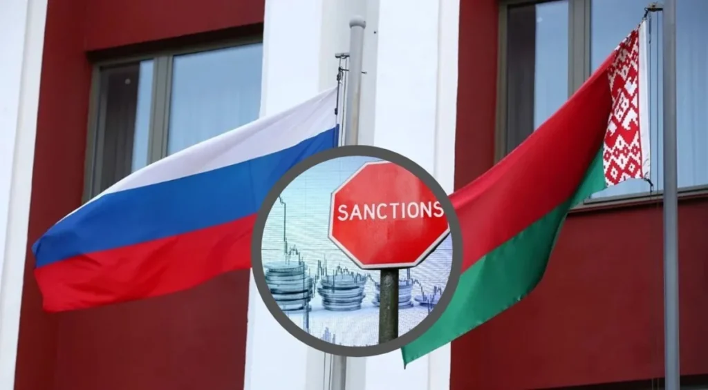 Прапори Росії та Білорусі з круглим знаком SANCTIONS над монетами