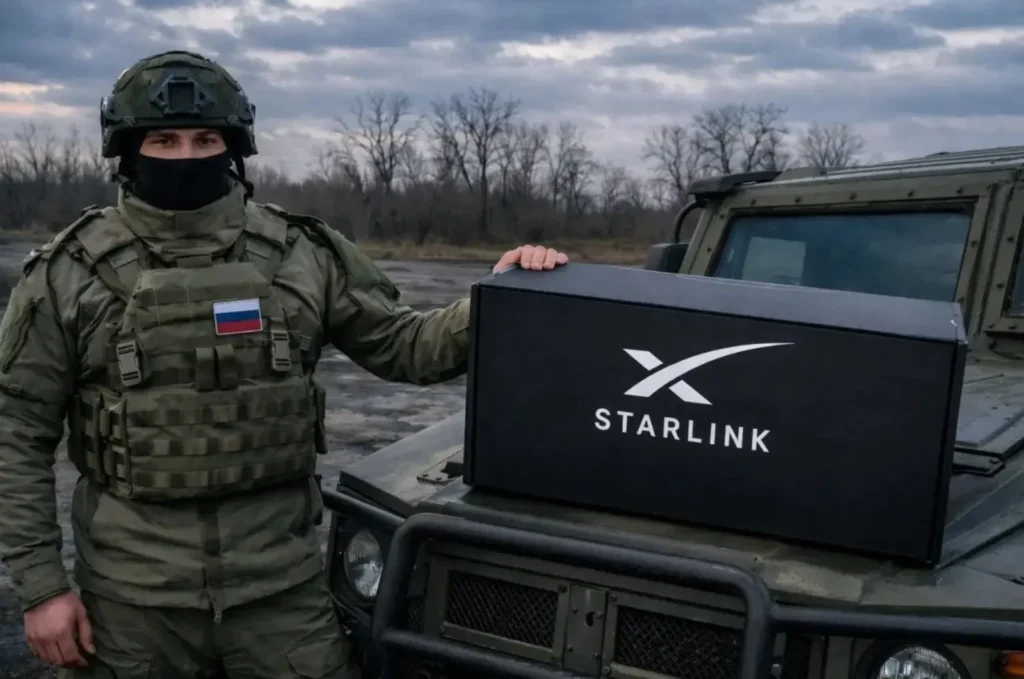 Российский военный с коробкой Starlink возле техники армии РФ