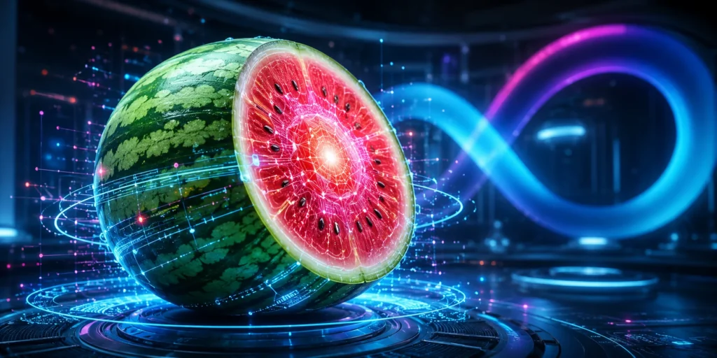 Модель Watermelon Meta у футуристичному цифровому дизайні з неоновими елементами