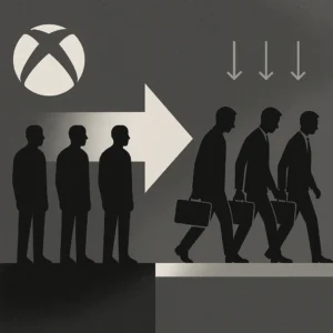 Силуети працівників Xbox з портфелями йдуть праворуч під стрілками скорочень