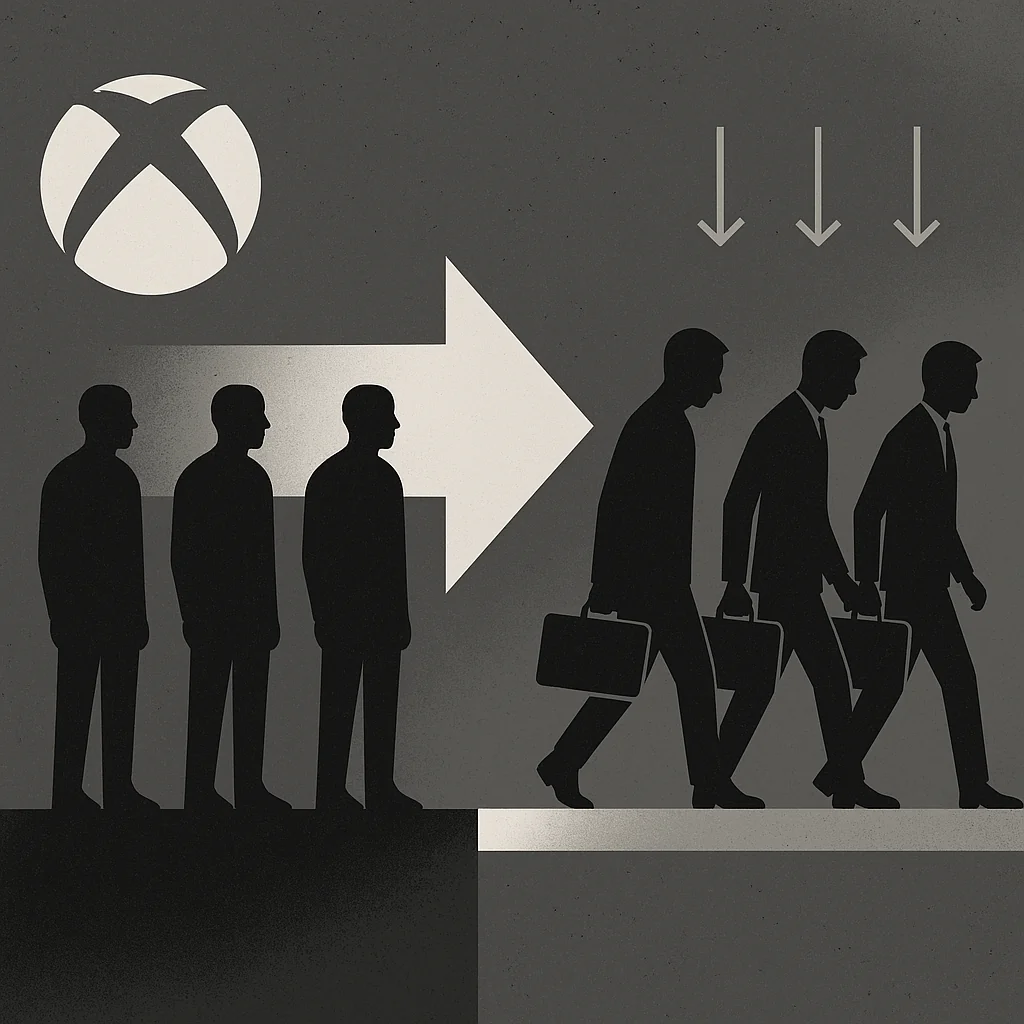 Силуети працівників Xbox з портфелями йдуть праворуч під стрілками скорочень