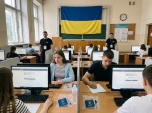 Участники НМТ за компьютерами в аудитории с флагом Украины