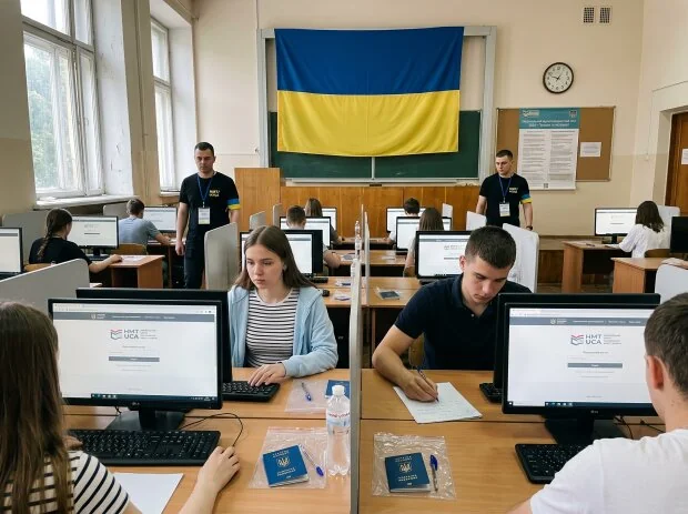 Учасники НМТ за компютерами в аудиторії з прапором України
