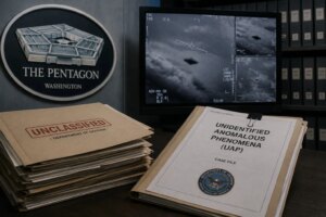 Пентагон розсекретив матеріали про НЛО: папки «UNCLASSIFIED» та «UNIDENTIFIED ANOMALOUS PHENOMENA (UAP) CASE FILE» на тлі монітора з радарами невідомих об’єктів та печатки Пентагону.