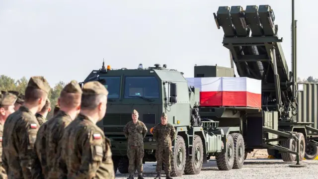 Польські військові біля системи Patriot з національним прапором