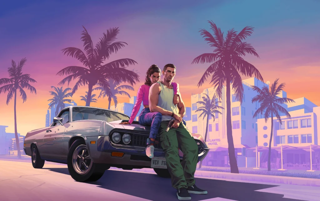 Офіційний арт GTA 6 з чоловіком і жінкою біля ретро-авто на фоні пальм