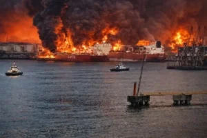 Пожар в порту Таганрога после атаки дронов, горящие корабли и черный дым