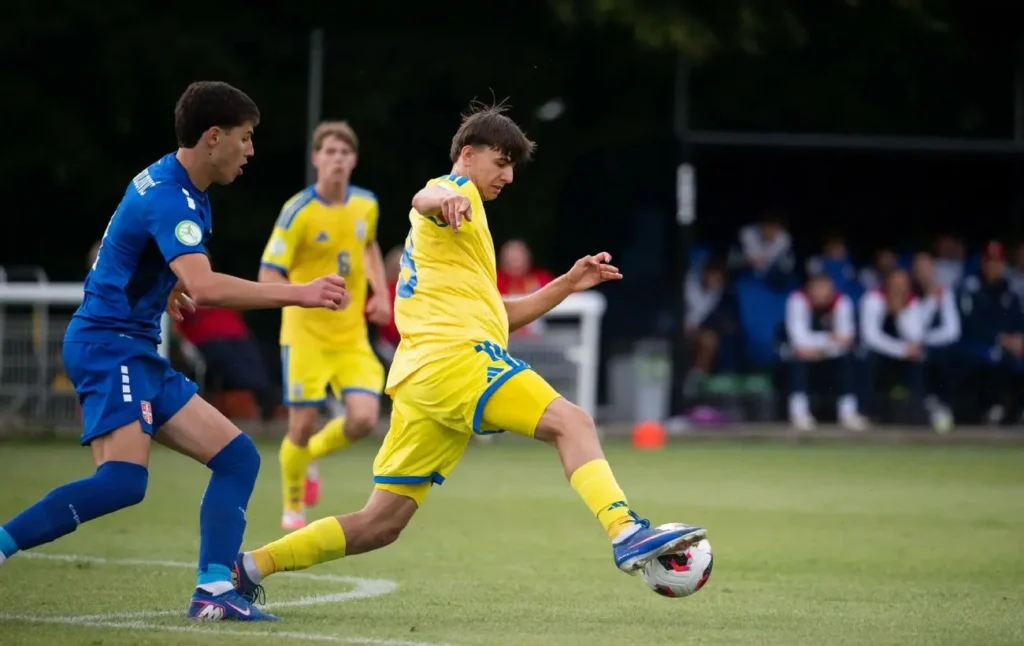 Гравець збірної України U-19 у жовтій формі бє по мячу в матчі проти Італії на Євро-2026