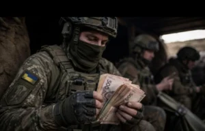 Военнослужащий ВСУ пересчитывает банкноты по 500 гривен за июнь