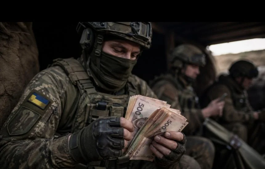 Військовослужбовець ЗСУ перераховує банкноти по 500 гривень за червень