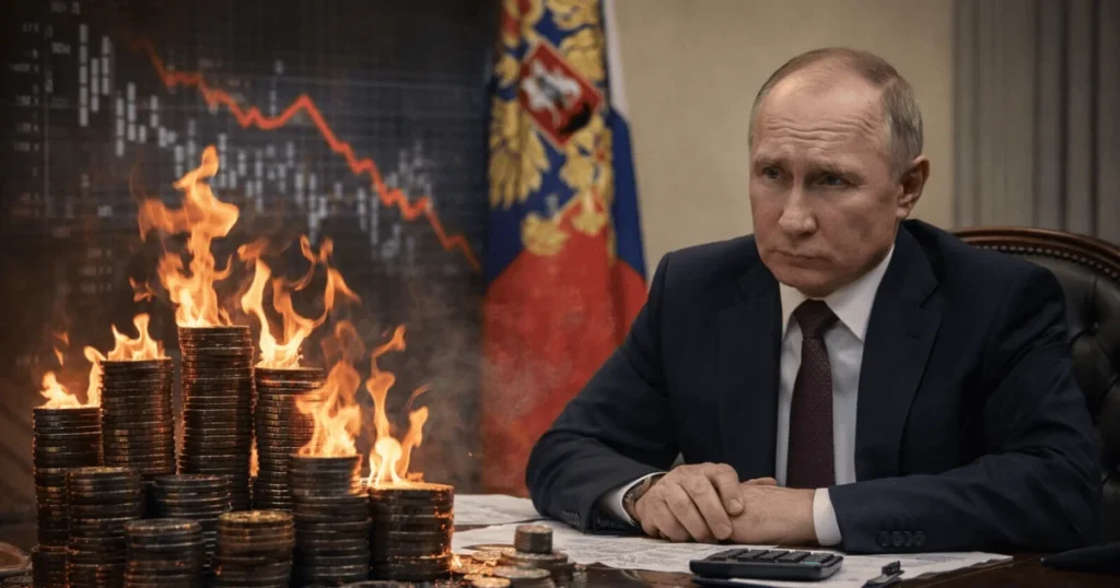 Володимир Путін на тлі палаючих грошей та графіка падіння економіки РФ