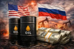 Нафтові бочки з прапорами США та РФ на тлі свердловин і пачок доларів