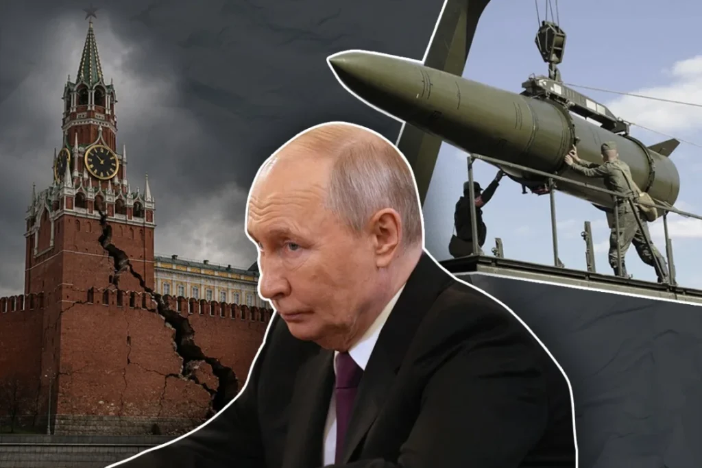 Володимир Путін на тлі пошкодженого Кремля та ракети під час атак на Москву
