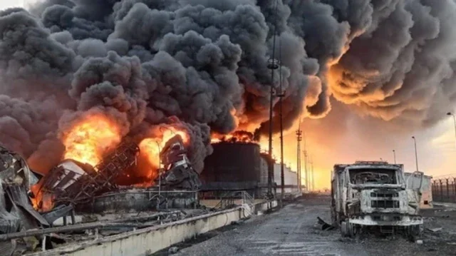 Пожар на нефтебазе после удара дронов ВСУ в Ставрополе