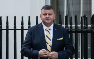 Валерій Залужний у темно-синьому костюмі біля чорної огорожі